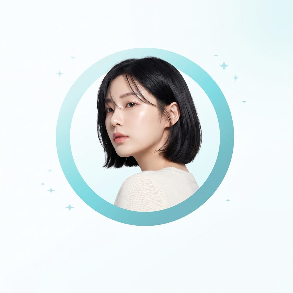블루·시안 원형 배지 위에 단발 헤어 가상 모델을 올린 이벤트 카드 (AI 생성 예시 이미지)