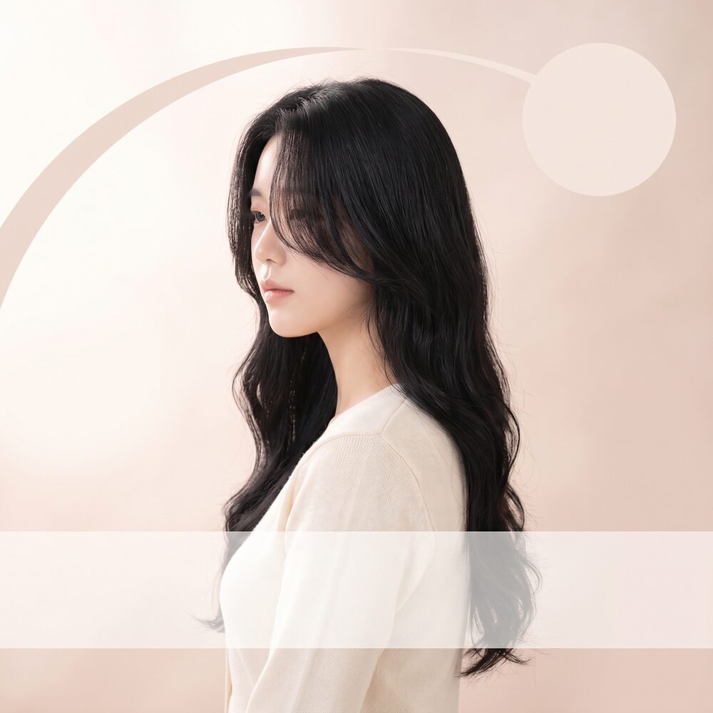 라벤더 파스텔 배경에 긴 웨이브 헤어 가상 모델을 올린 이벤트 카드 (AI 생성 예시 이미지)