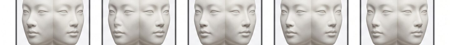 45도 측면 코 형태 변화 개념 타일 5컷 스트립 — 비식별 석고 모형