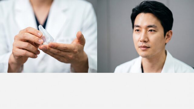 실리콘 코 보형물 모형을 들어 보이며 설명하는 의료진 영상 예시 컷