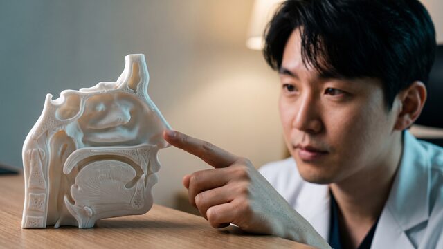 코 부위 3D 해부 모형을 가리키며 맞춤 설계를 설명하는 의료진 영상 예시 컷