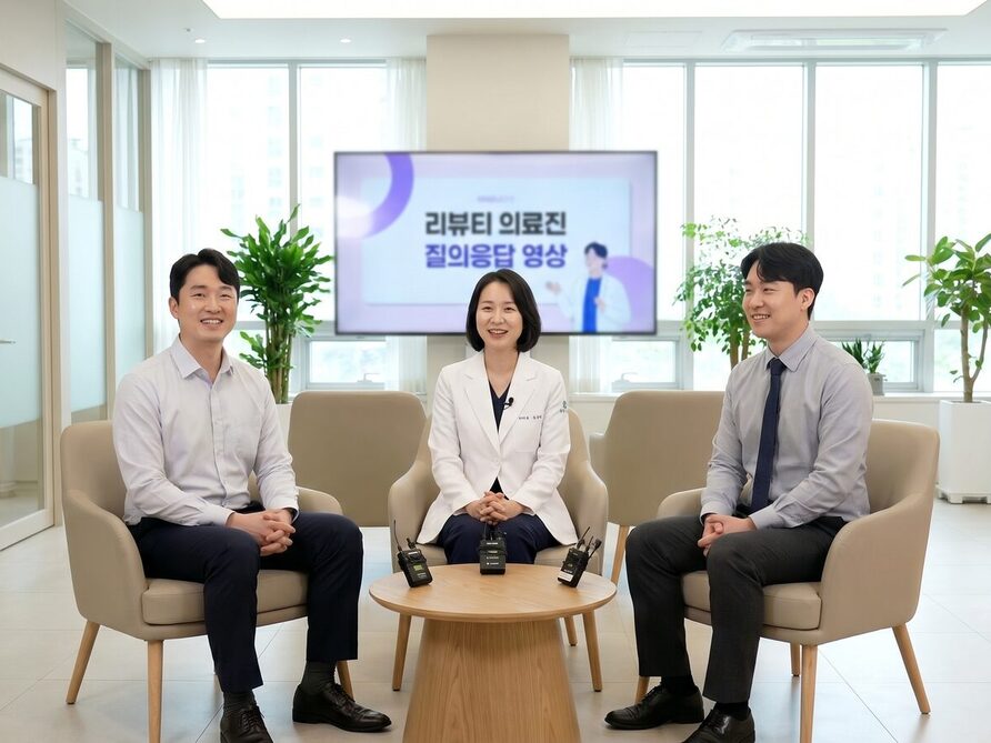 의료진이 판독 화면의 입체 영상 자료를 가리키며 검토하는 흑백 사진