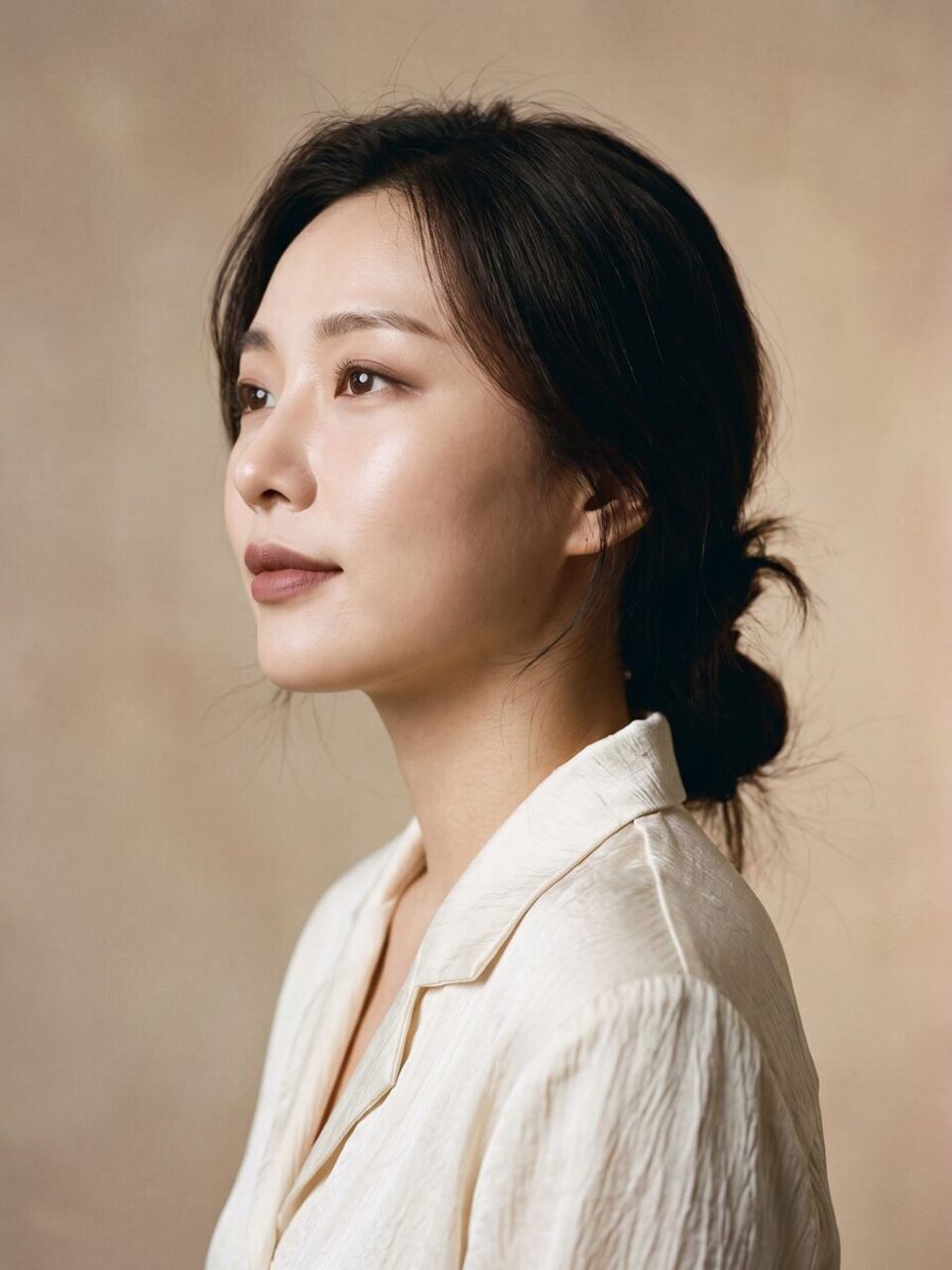 밝은 그레이 배경에서 손을 턱 아래에 대고 있는 여성 모델 컷