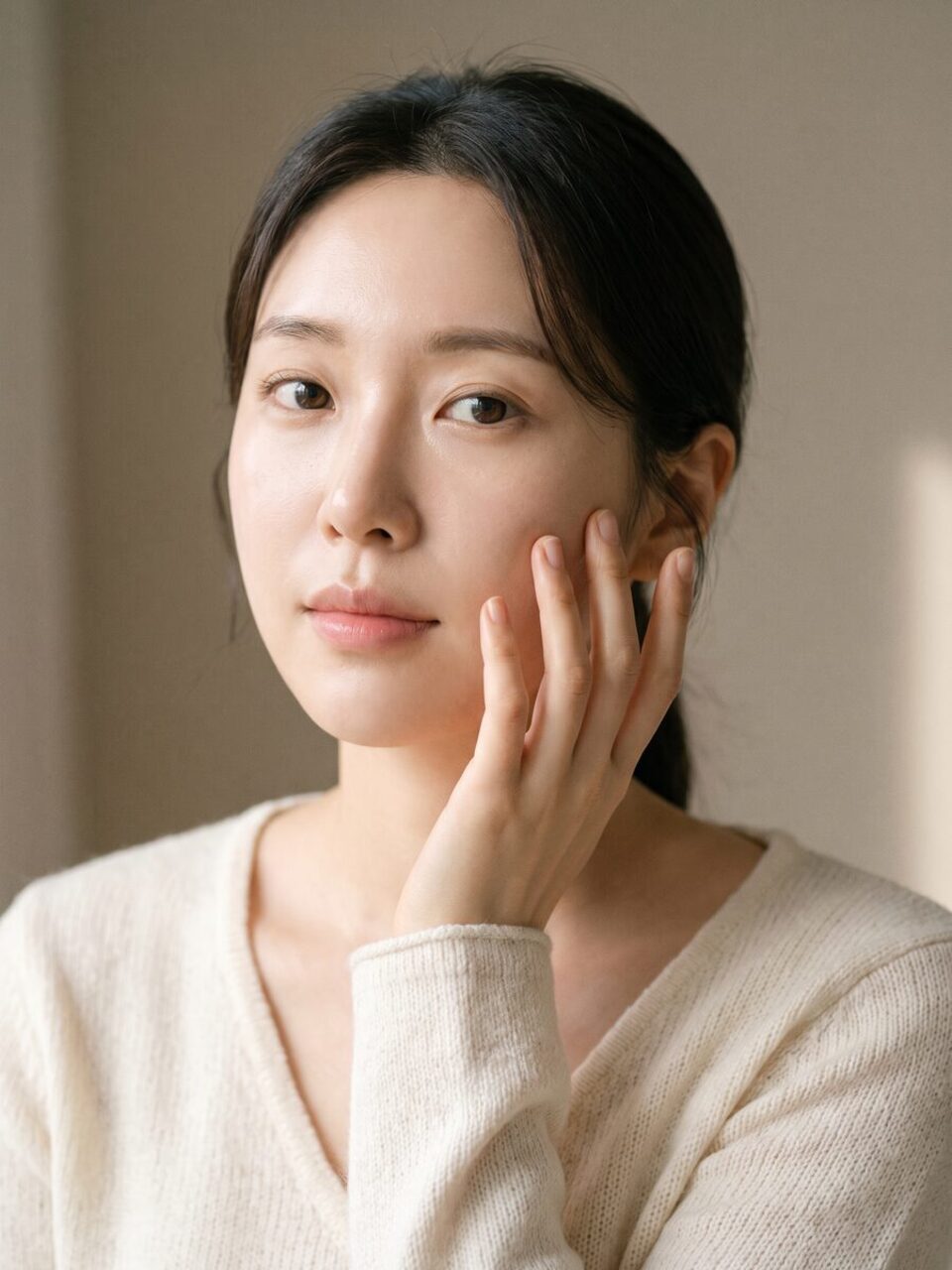 어깨 너머를 바라보는 모델의 턱선과 목 라인 컷