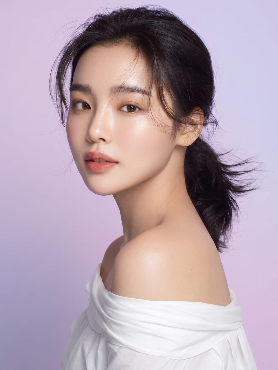 윤기 있는 흑발 모델의 반측면 얼굴 라인 컷