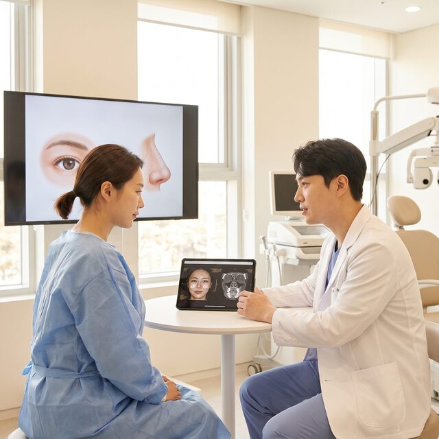 흰 가운을 입은 의료진이 진료실에서 설명하는 윤곽 재수술 이벤트 이미지