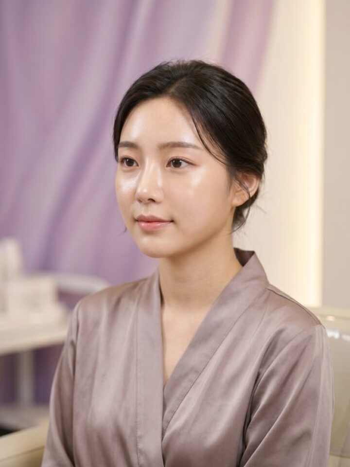 측면 프로필로 턱선이 드러난 여성 모델의 프로모션 카드 이미지