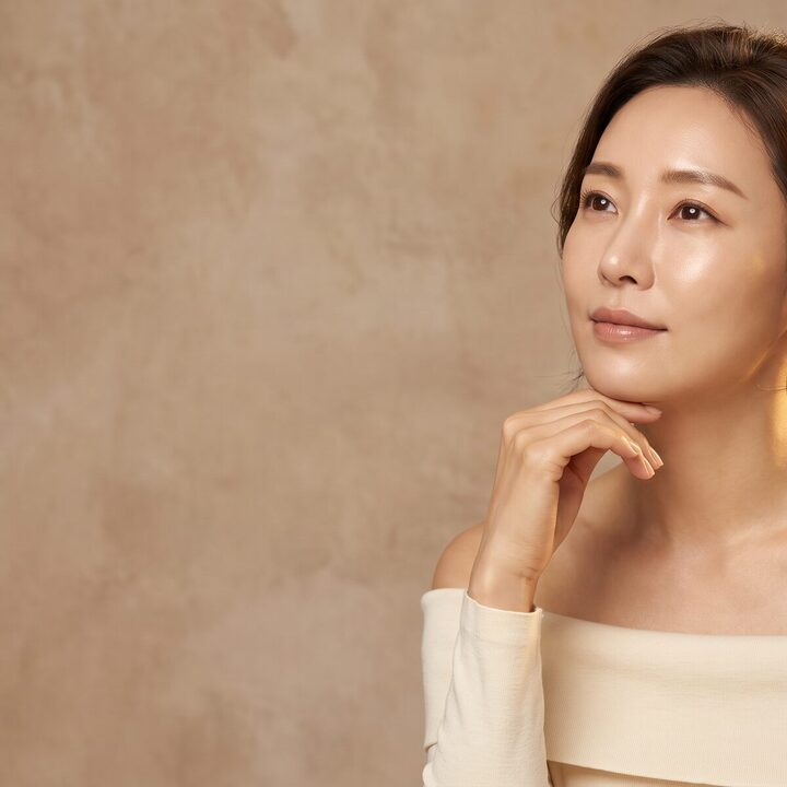 프로모션 카드 3 — 어깨 너머로 고개를 돌려 측사면 턱선을 보여주는 인물 컷(AI 생성 예시 · 실제 환자 아님)