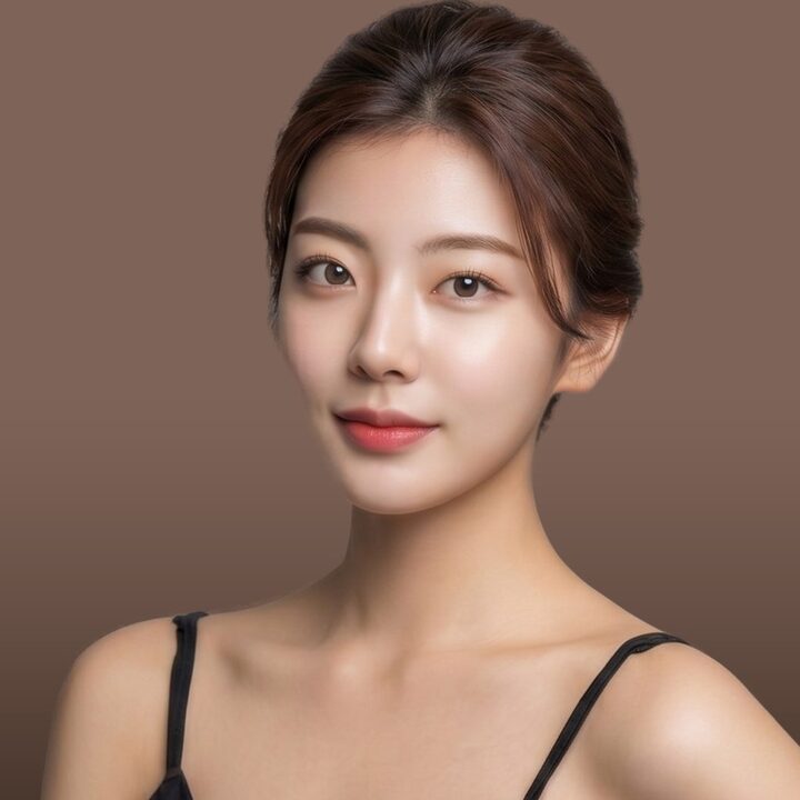 프로모션 카드 4 — 흰 슬리브리스 차림으로 45도 서서 턱과 목선이 드러나는 인물 컷(AI 생성 예시 · 실제 환자 아님)