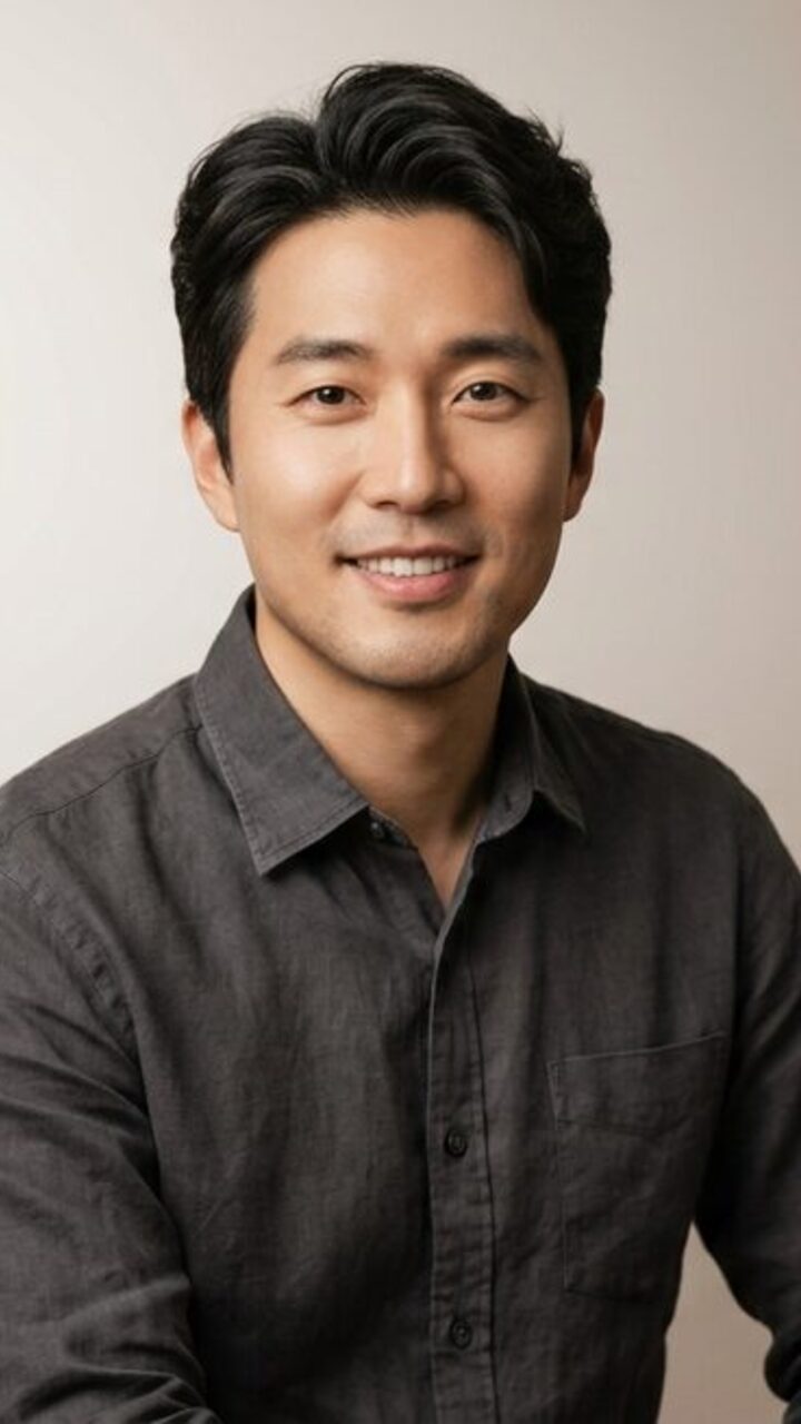 블루 니트를 입은 남성이 카페 테이블에 팔을 얹고 있는 세로형 영상 표지