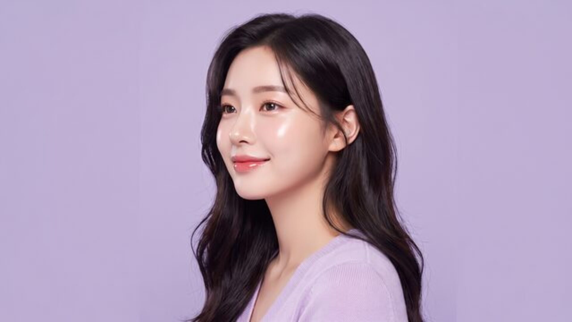 회백색 스튜디오 배경 앞에서 정면을 바라보는 리뷰티 키비주얼 모델