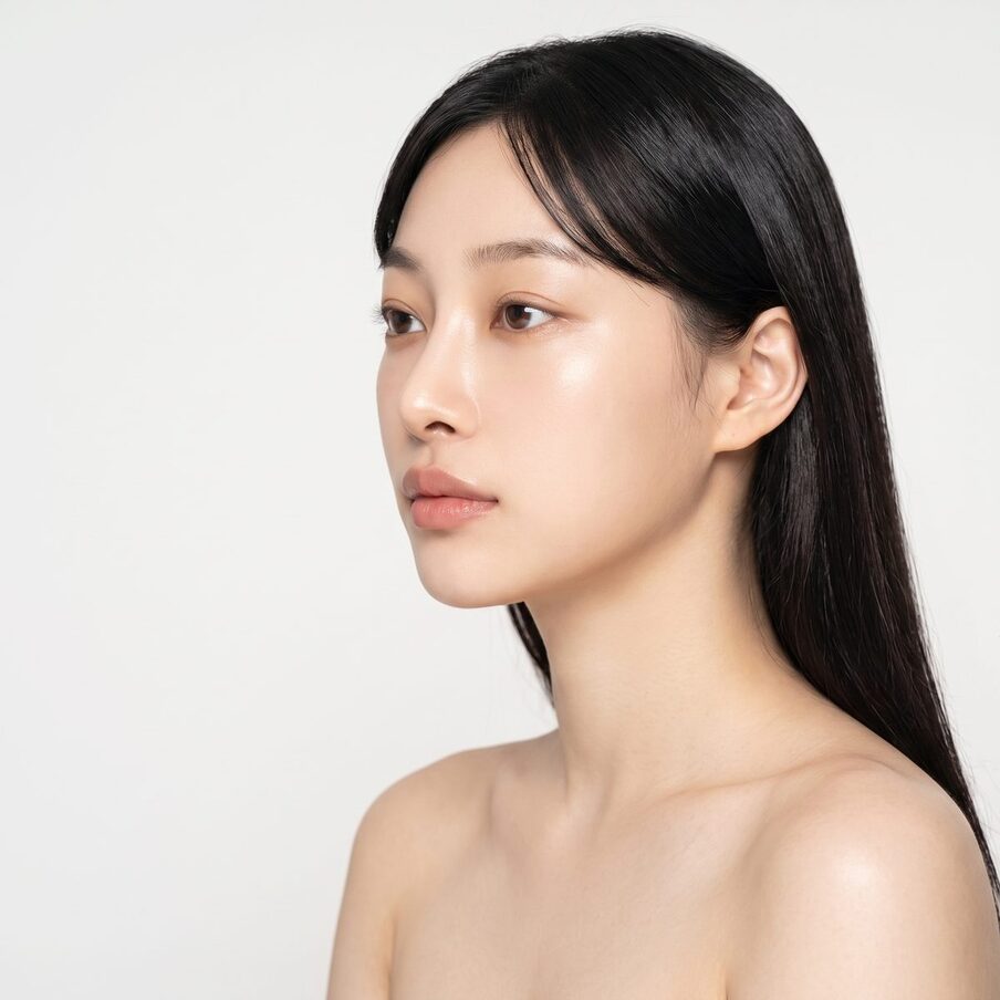 손끝을 턱 아래에 가볍게 대고 몸을 살짝 튼 20대 여성 모델의 상반신 뷰티 컷 (AI 생성 예시 이미지)