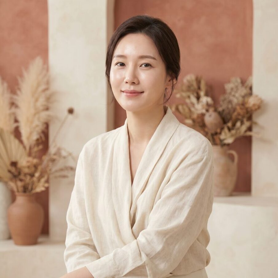긴 웨이브 머리를 어깨 앞으로 늘어뜨린 20대 여성 모델의 정면 상반신 뷰티 컷 (AI 생성 예시 이미지)