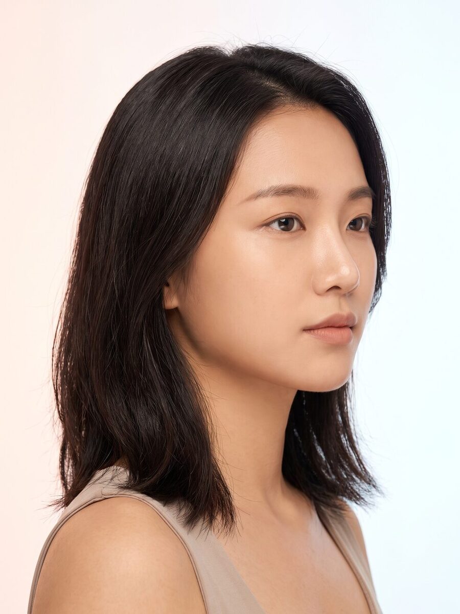흰 니트를 어깨에 걸친 모델의 어깨 라인 컷 — 가슴성형 안내 이미지