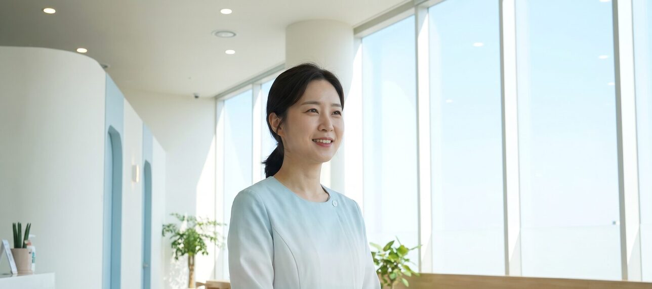 흰 가운을 입은 의료진이 내원객에게 1:1로 상담 내용을 설명하는 모습
