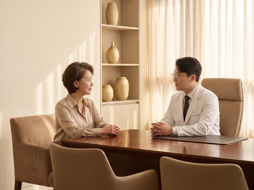 스크럽 상의를 입은 익명 의료진이 리프팅 시술을 설명하는 영상 예시 장면(AI 생성 예시 이미지)