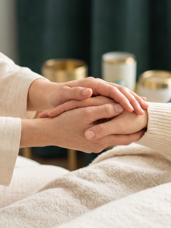 상담 중 두 손을 맞잡은 손 클로즈업 (AI 생성 예시 이미지)