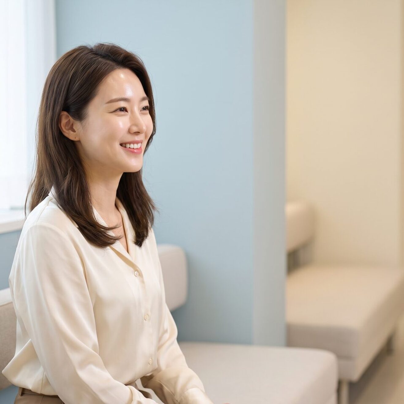 상담 책상에서 코 구조 모형으로 계획을 설명하는 리뷰티성형외과 의료진