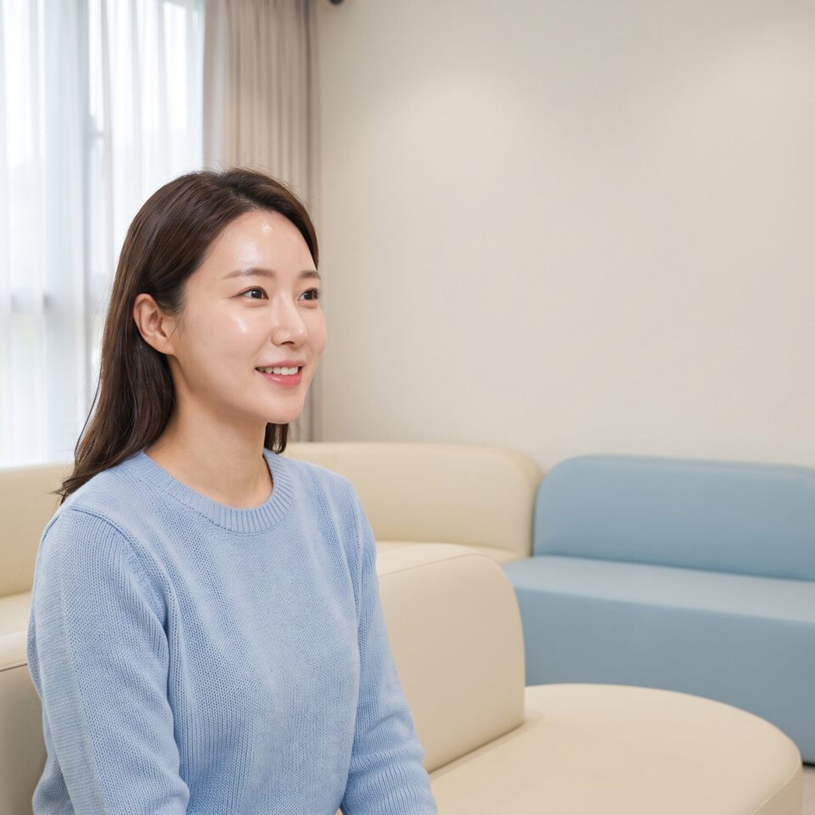 진료실에서 코 구조를 손짓으로 설명하는 리뷰티성형외과 의료진과 뒷모습의 내원객