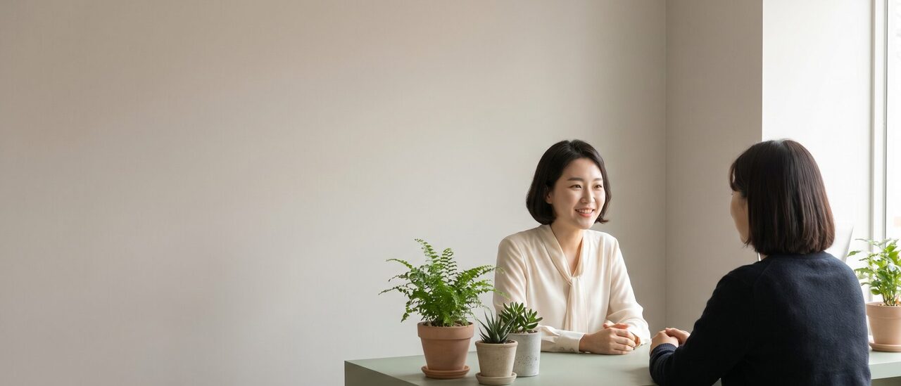 진료실에서 상담 내용을 손짓으로 설명하는 의료진과 뒷모습으로 앉은 내원객