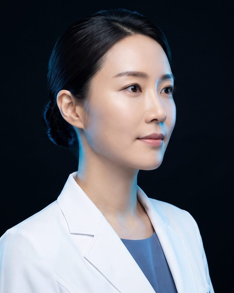 흰 가운을 입은 의료진이 촬영 스튜디오에서 시술 정보를 설명하는 모습