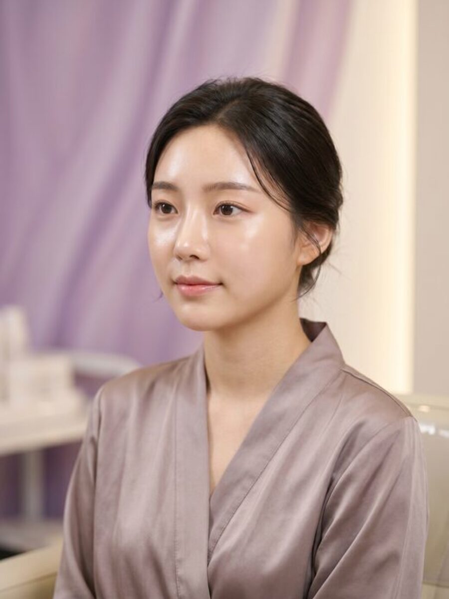 윤곽 고정핀 제거 안내 컷 — 어깨 너머로 돌아선 옆모습 (AI 생성 예시 이미지)