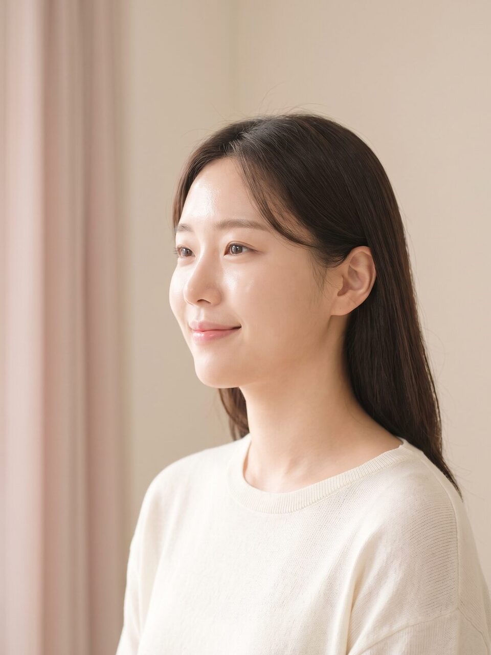 화이트 니트를 여민 목·쇄골 라인 클로즈업 — 가슴성형 안내