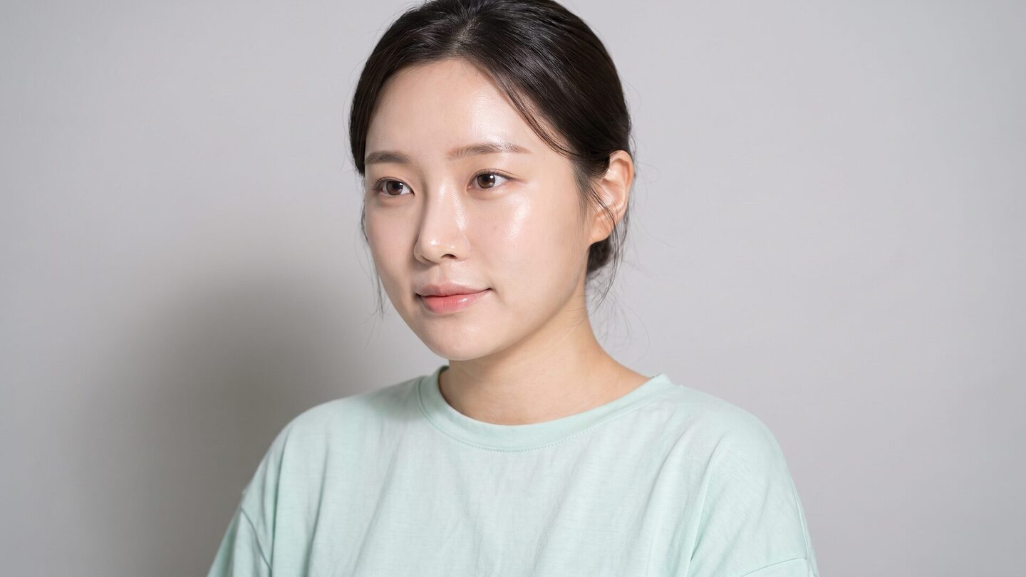 뉴트럴 그레이 배경에서 어깨를 드러낸 화이트 톱 차림으로 고개를 살짝 기울인 여성 모델 뷰티 컷