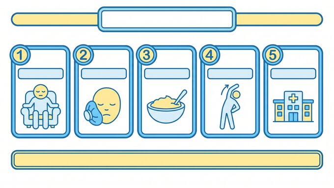 번호가 매겨진 다섯 단계 대처 순서를 픽토그램으로 정리한 파스텔 톤 인포그래픽
