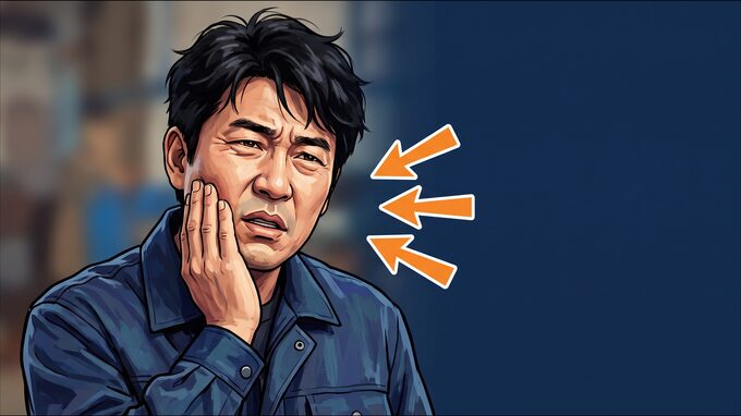 턱 옆을 손으로 짚고 찡그린 남성 캐릭터를 그린 굵은 선의 디지털 일러스트