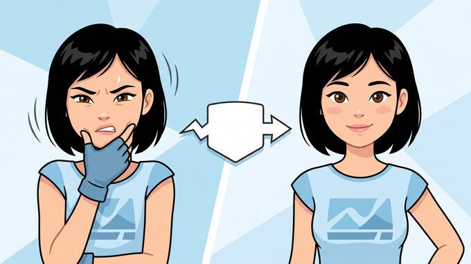턱을 짚은 표정과 편안한 표정을 좌우로 견준 밝은 톤의 개념 일러스트