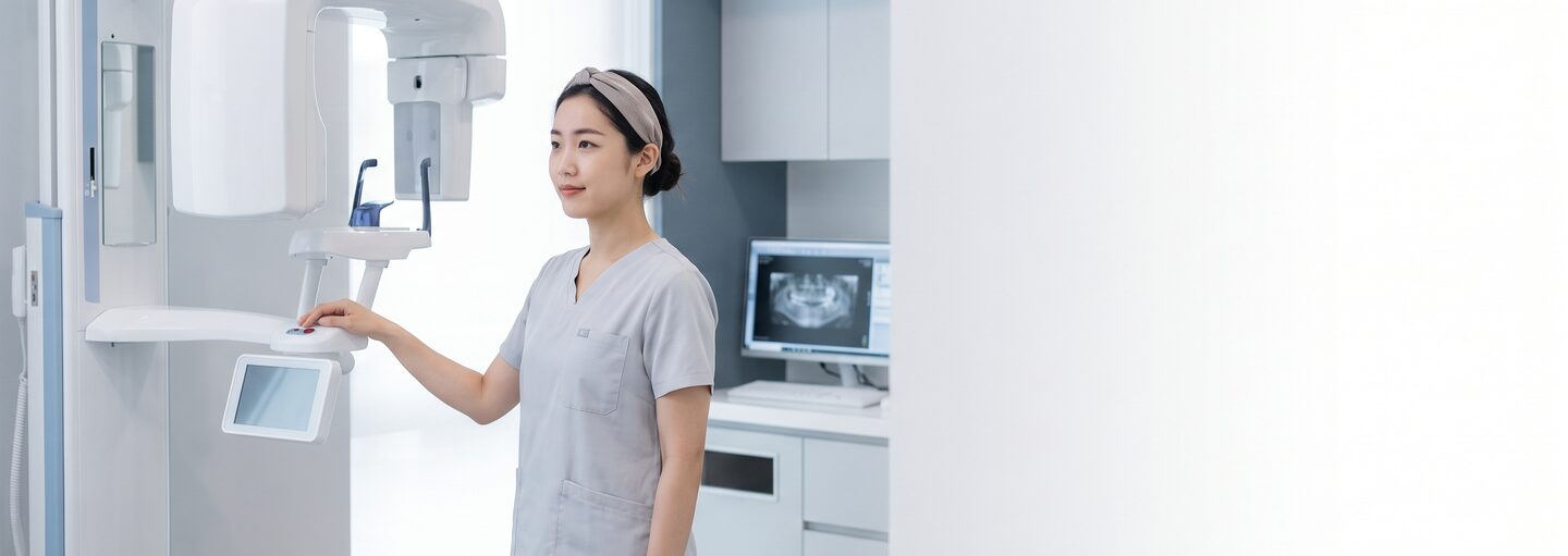3D 영상진단 장비 옆에서 촬영을 준비하는 진료 스태프 — 밝은 영상실 컨셉 이미지(AI 생성 예시 · 실제 환자 아님)