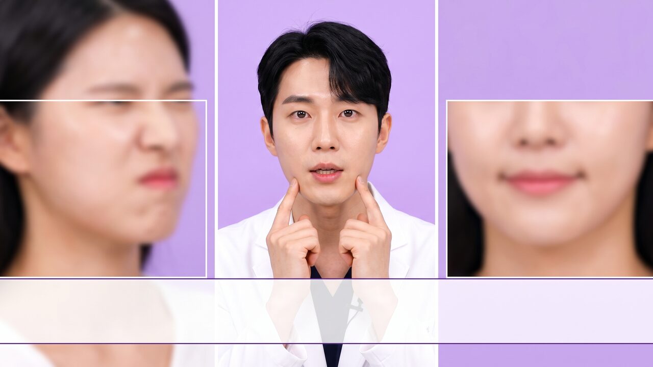 흰 가운 차림의 진행자가 자신의 턱 옆을 손으로 짚어 보이는 영상 정지컷