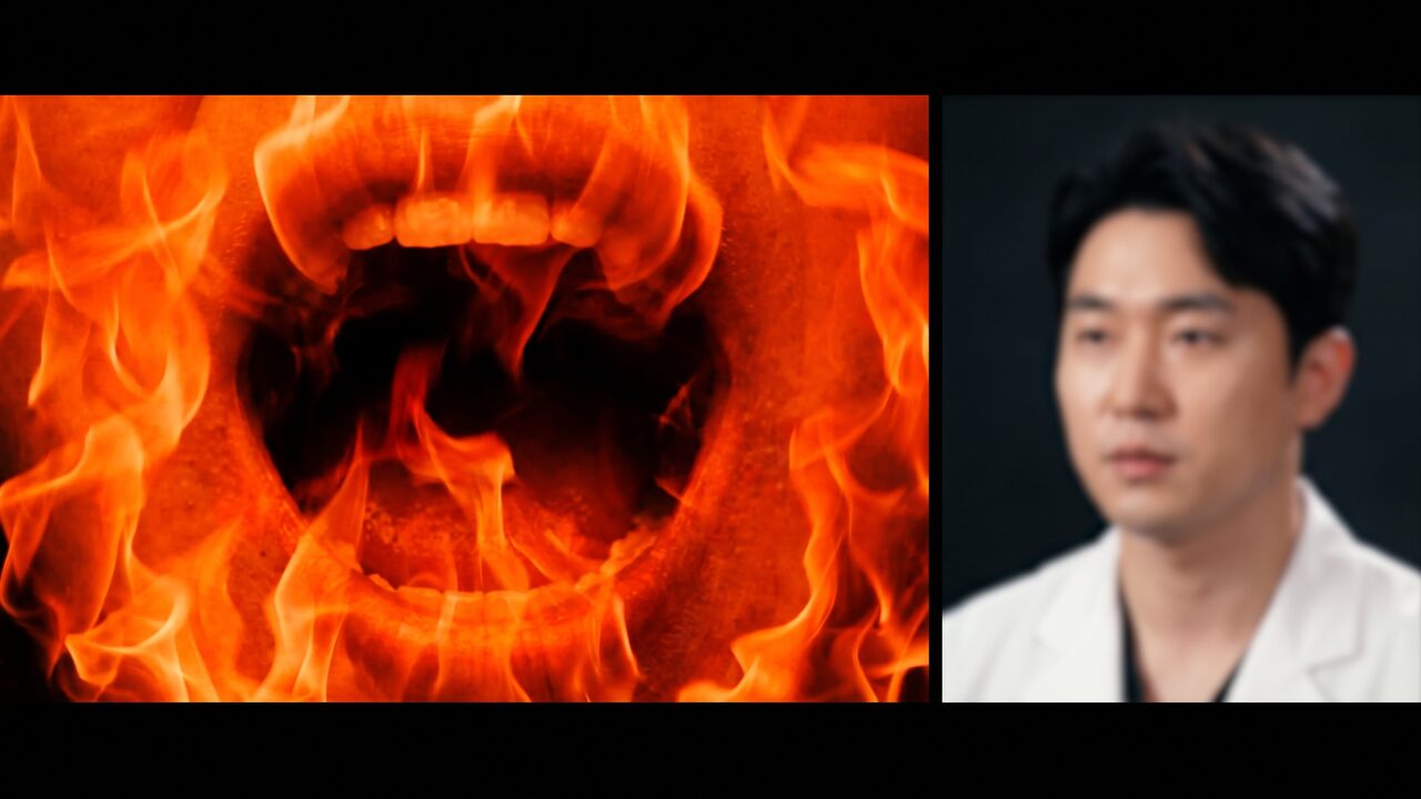 붉은 불꽃 이미지와 설명하는 진행자가 나란히 합성된 영상 정지컷