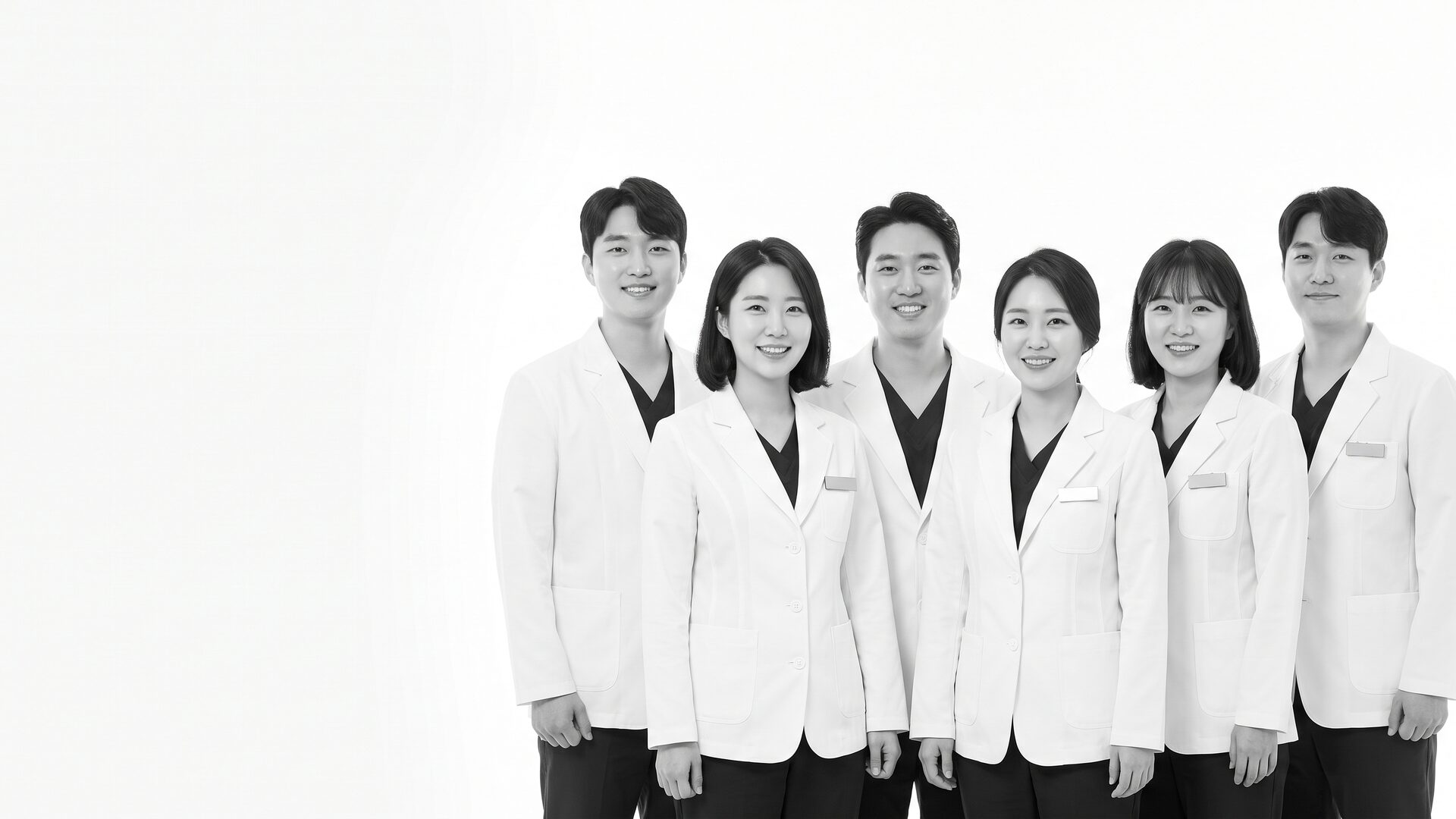 흰 가운을 입은 리뷰티치과 의료진이 나란히 선 흑백 연출 이미지
