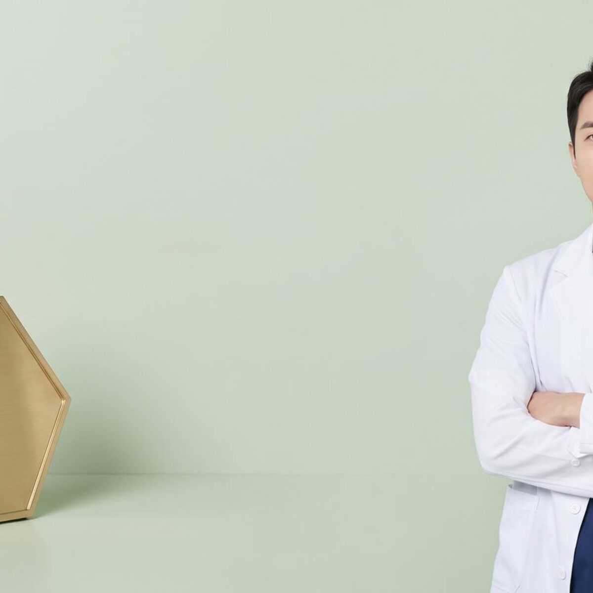 흰 가운을 입은 익명 의료진 다섯 명이 회색 스튜디오 배경 앞에 선 리뷰티치과 안내 이미지