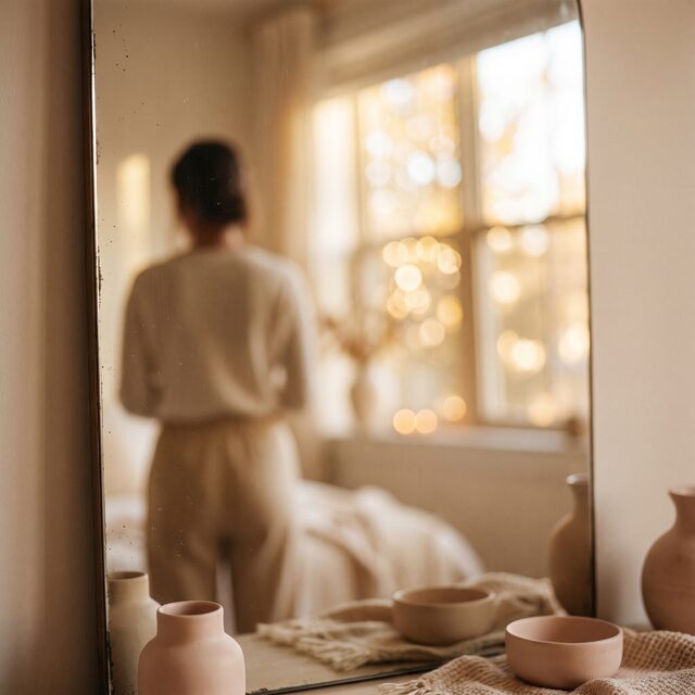 따뜻한 톤 거울에 흐릿하게 비친 뒷모습 (AI 생성 예시 이미지)