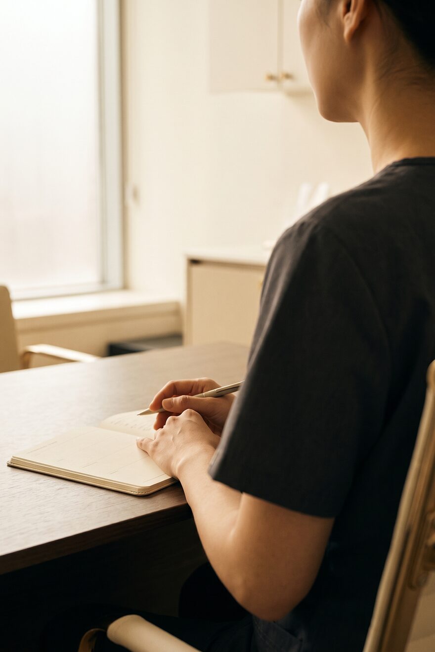 상담 기록을 살펴보는 대표원장의 손과 어깨 — AI 생성 예시 이미지