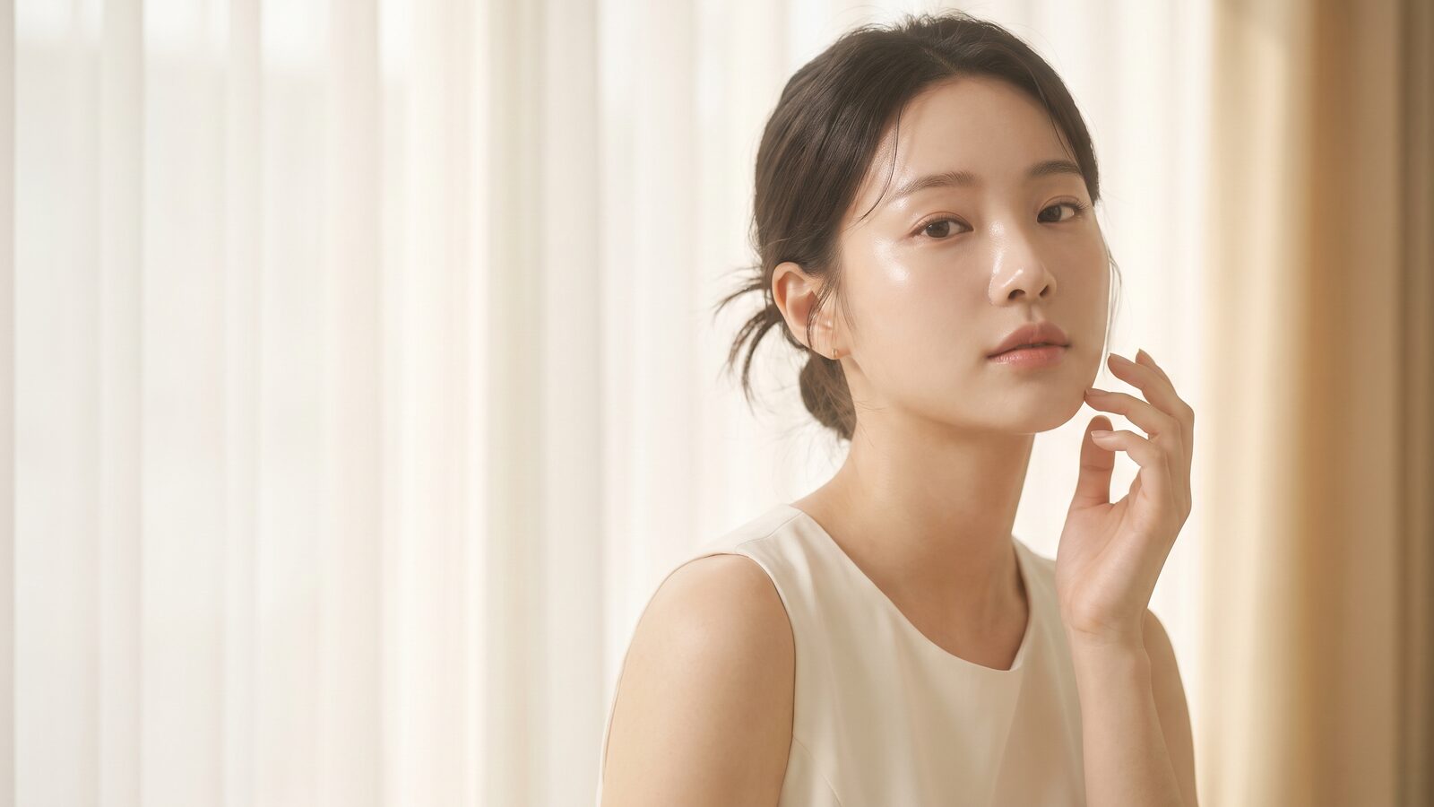 따뜻한 자연광 아래 편안한 표정으로 얼굴선을 살피는 인물 — AI 생성 예시 이미지