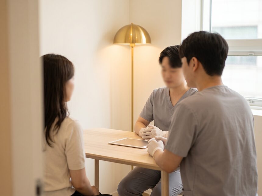 상담실에서 시술 계획을 설명하는 비식별 진료 장면