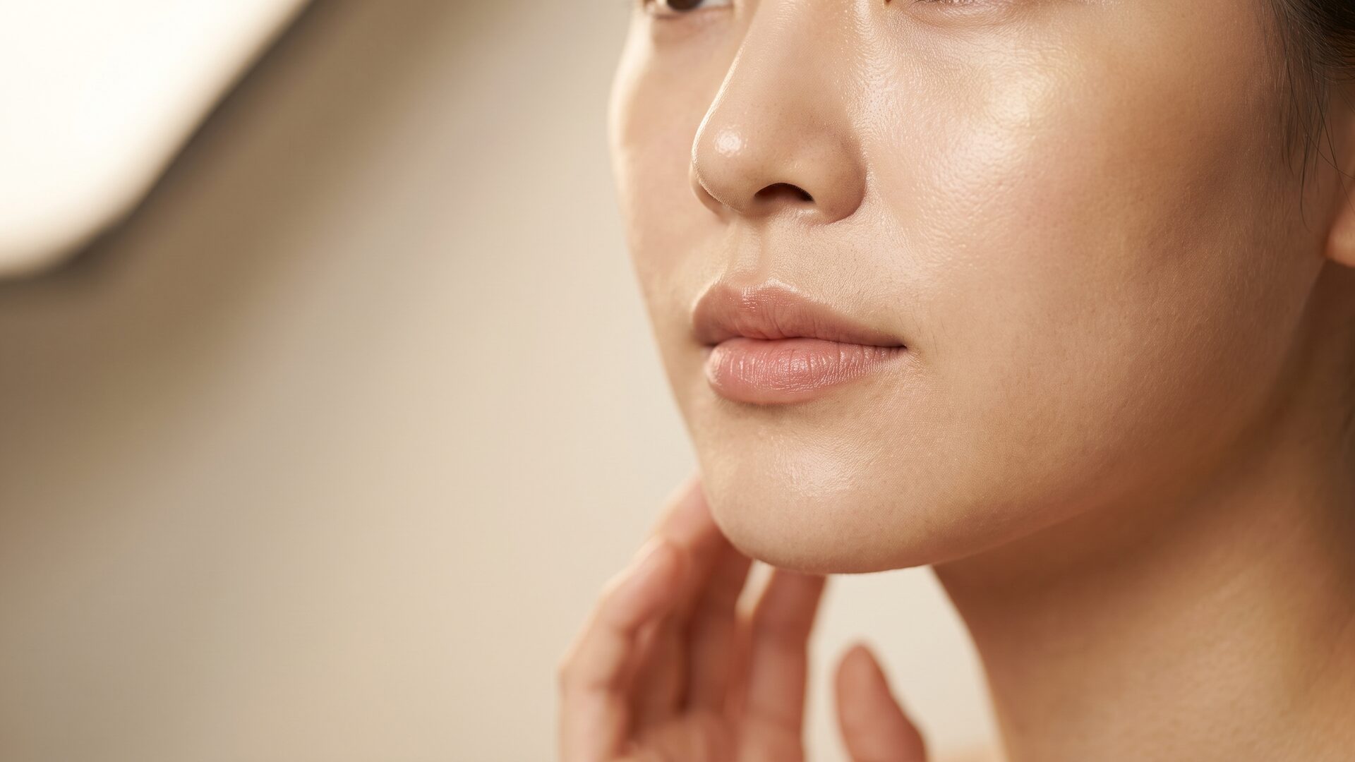 따뜻한 크림 톤 조명 아래 피부 결을 가까이 담은 스킨케어 이미지 (AI 생성 예시 이미지)